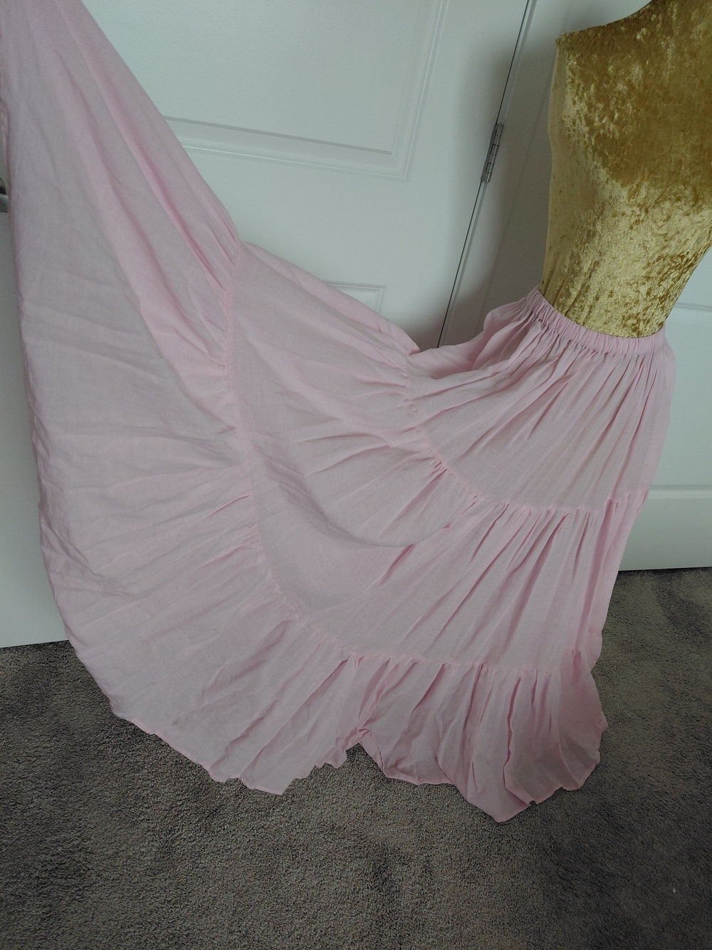 100% Cotton Fabric Soft Pink Tiered Maxi Skirt with Elastic Waist